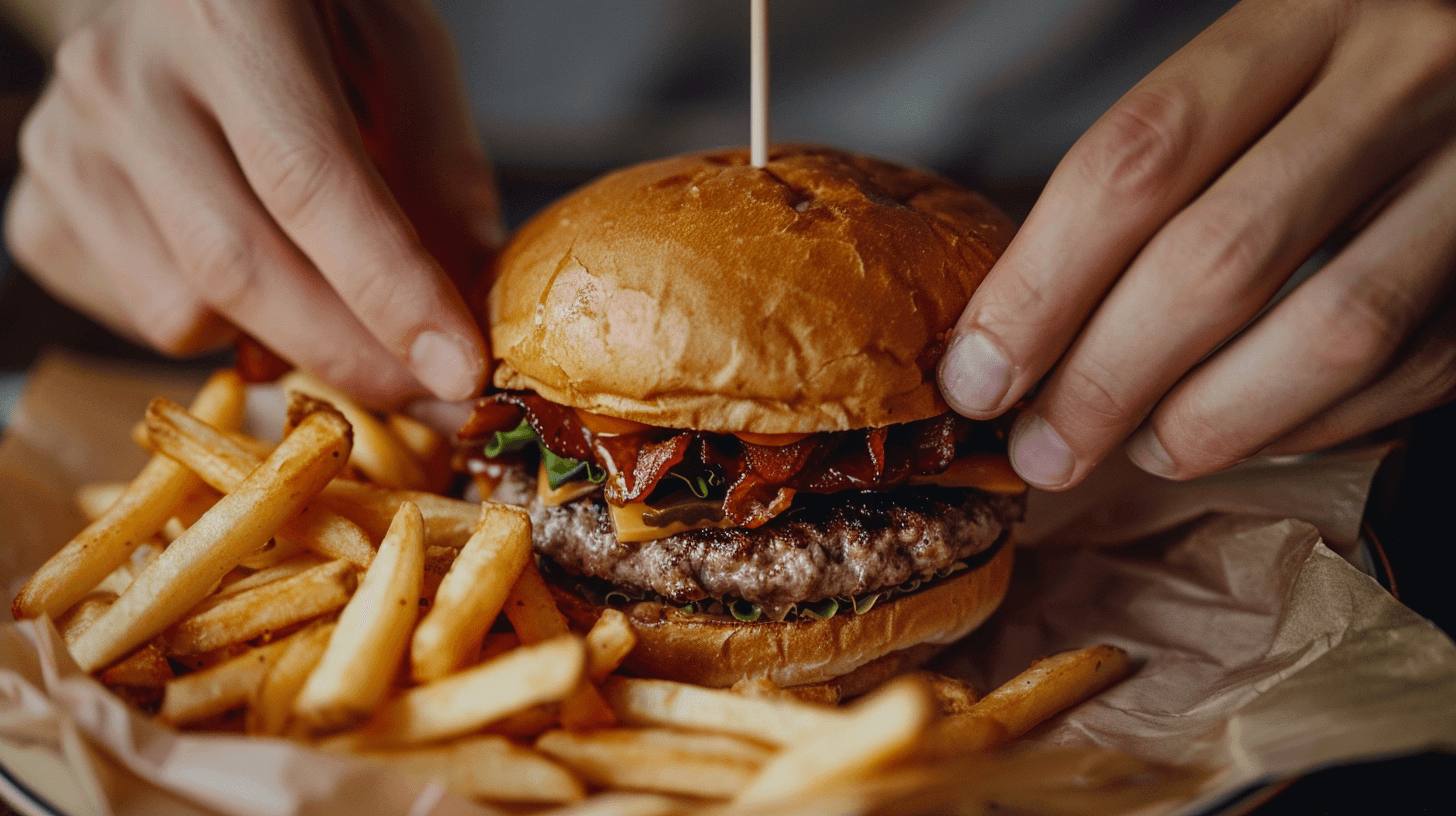 Handcrafted burger with golden fries at Rooftop Johnnys Palos Heights Illinois